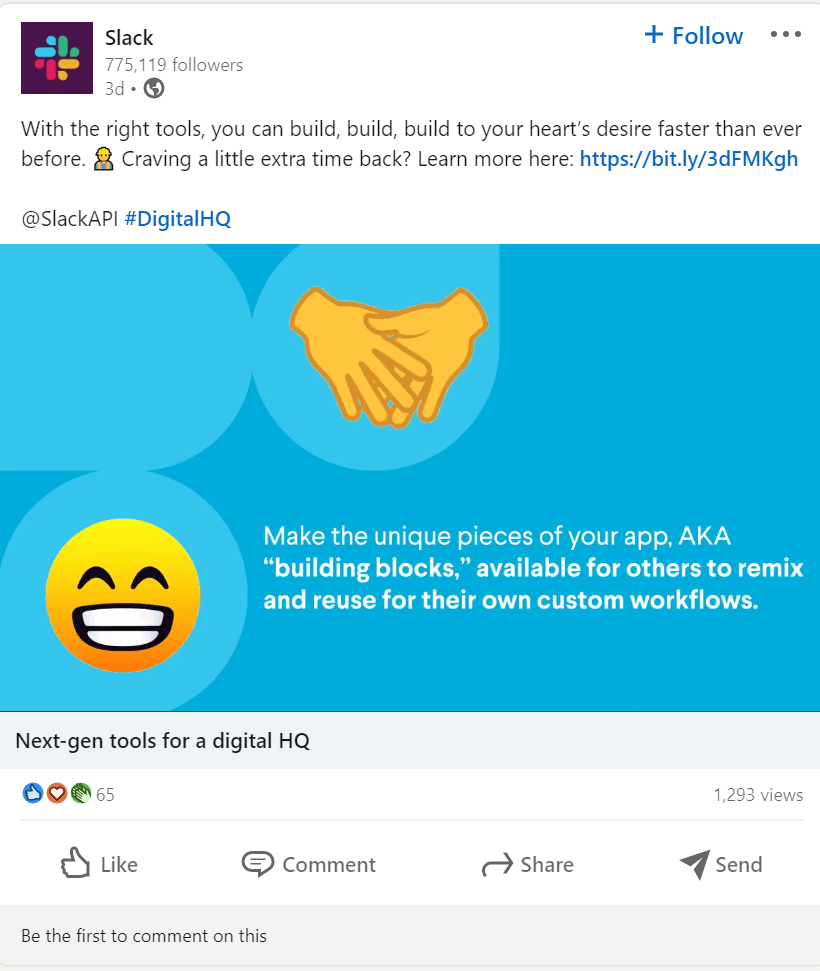 A Slack LinkedIn post featuring emojis 