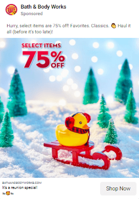 Bath & body works social media ad for 75% off select items