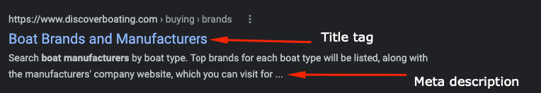 Title tag and meta description for a boat manufacturer