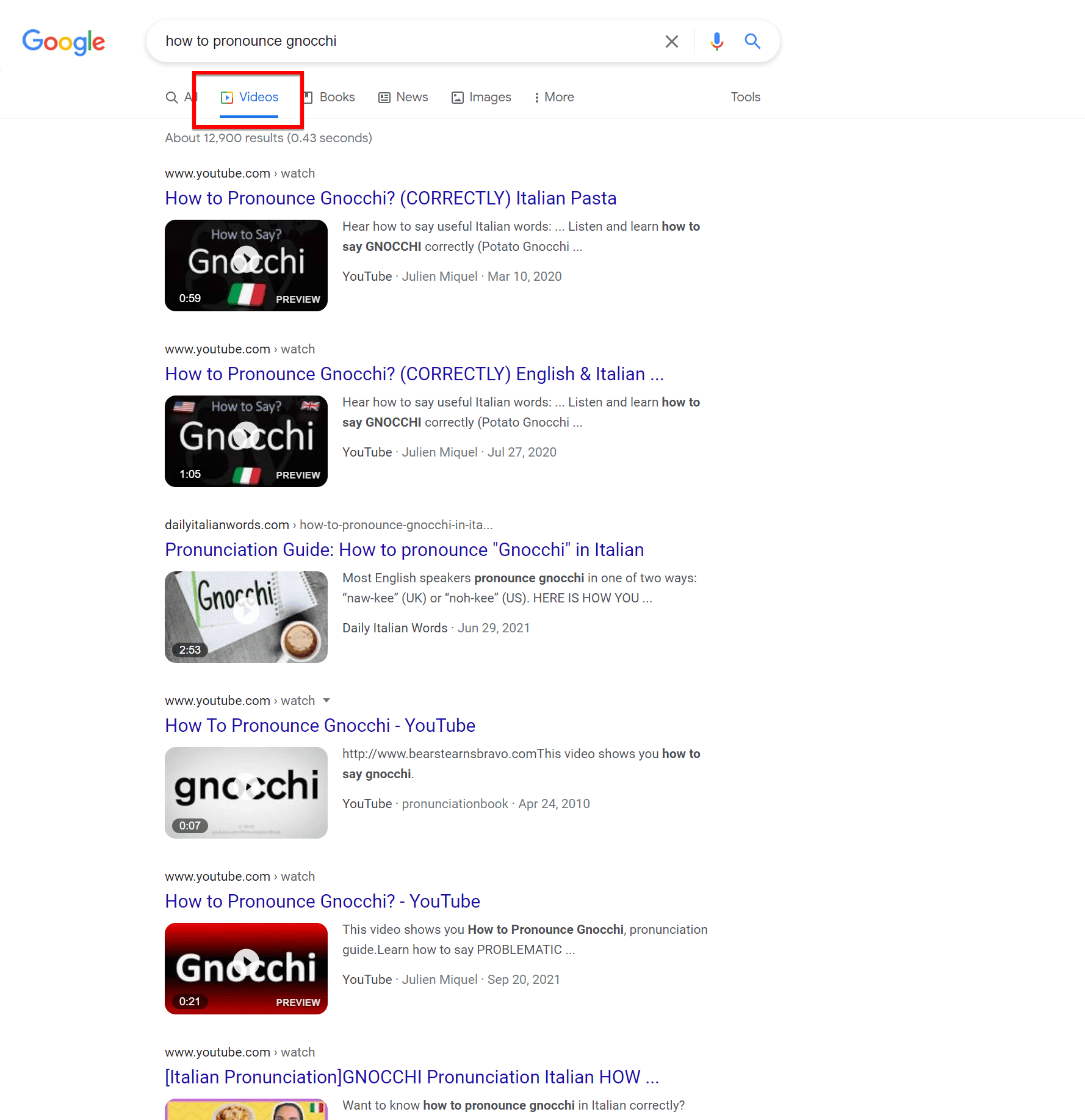 Google video search results