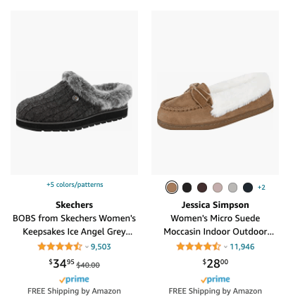 Two Amazon listings for slippers, one grey slipper and one brown slipper