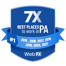 Logo of WebFX featuring a blue ribbon with the text '7X Best Places to Work in PA' and the years 2015 to 2021 listed, indicating the company has won the award seven times.