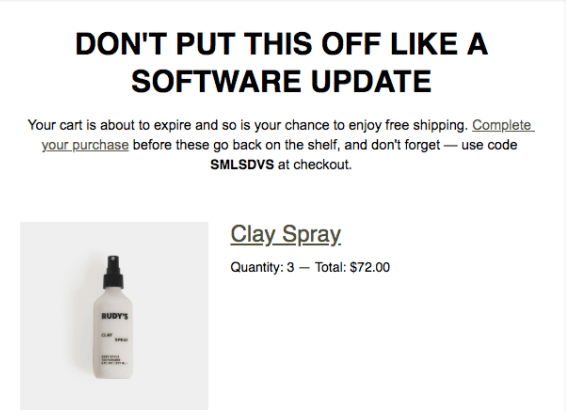 Email from Rudy's inviting the shopper to check out their cart with facial products