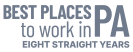 Logo for Best Places to Work in PA with the subtitle Eight Straight Years, indicating a recognition for workplace excellence in Pennsylvania.