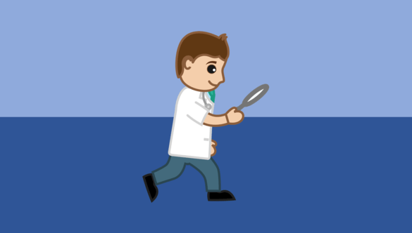 Cartoon of a man in a lab coat with a green tie, holding a magnifying glass, walking as if examining something, against a two-tone blue background.