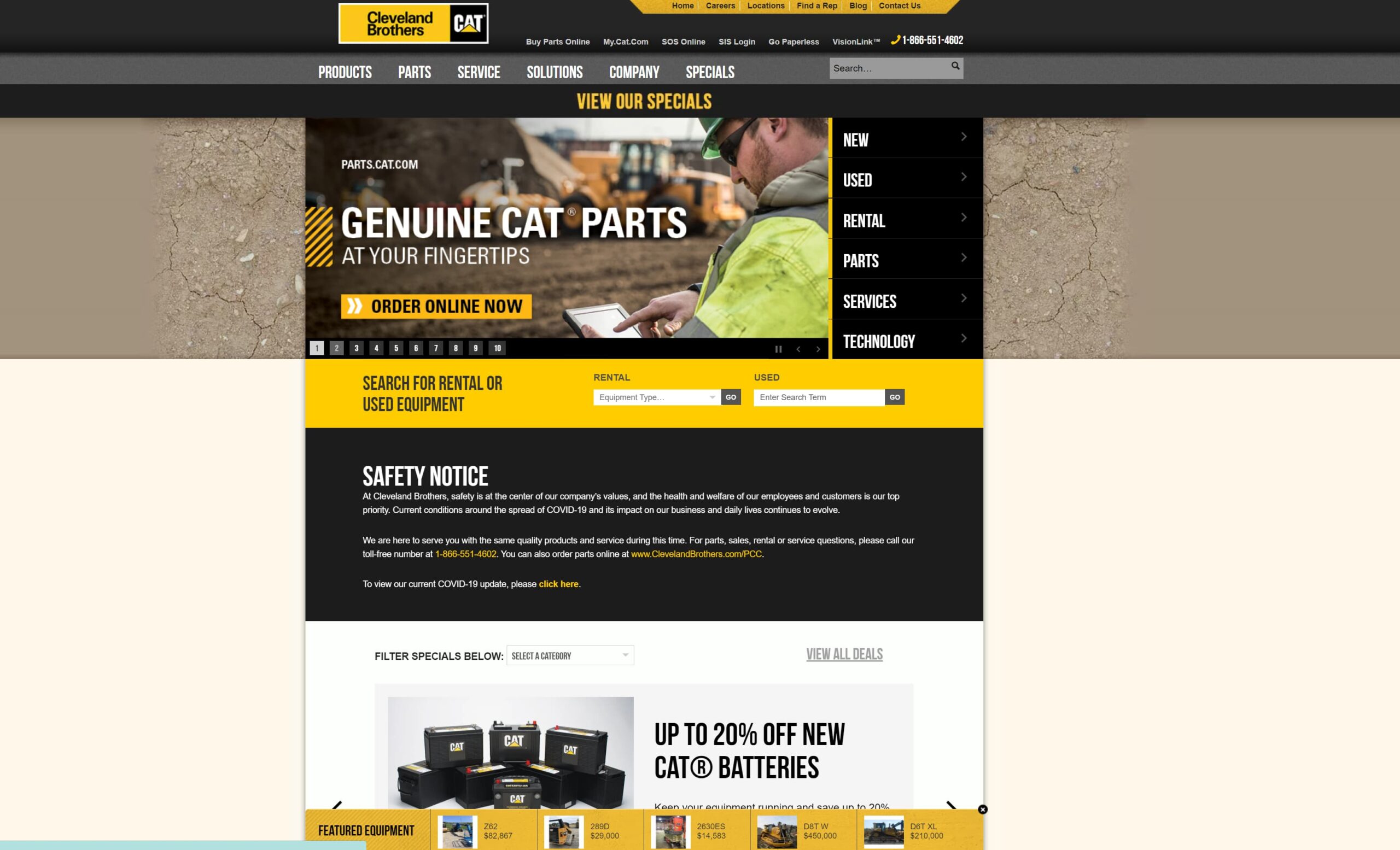 Screenshot of Cleveland Brothers website featuring a banner for ordering genuine CAT parts online, a man in a hard hat using a tablet, sections for equipment rental and COVID-19 safety notice, and a promotion for CAT batteries.