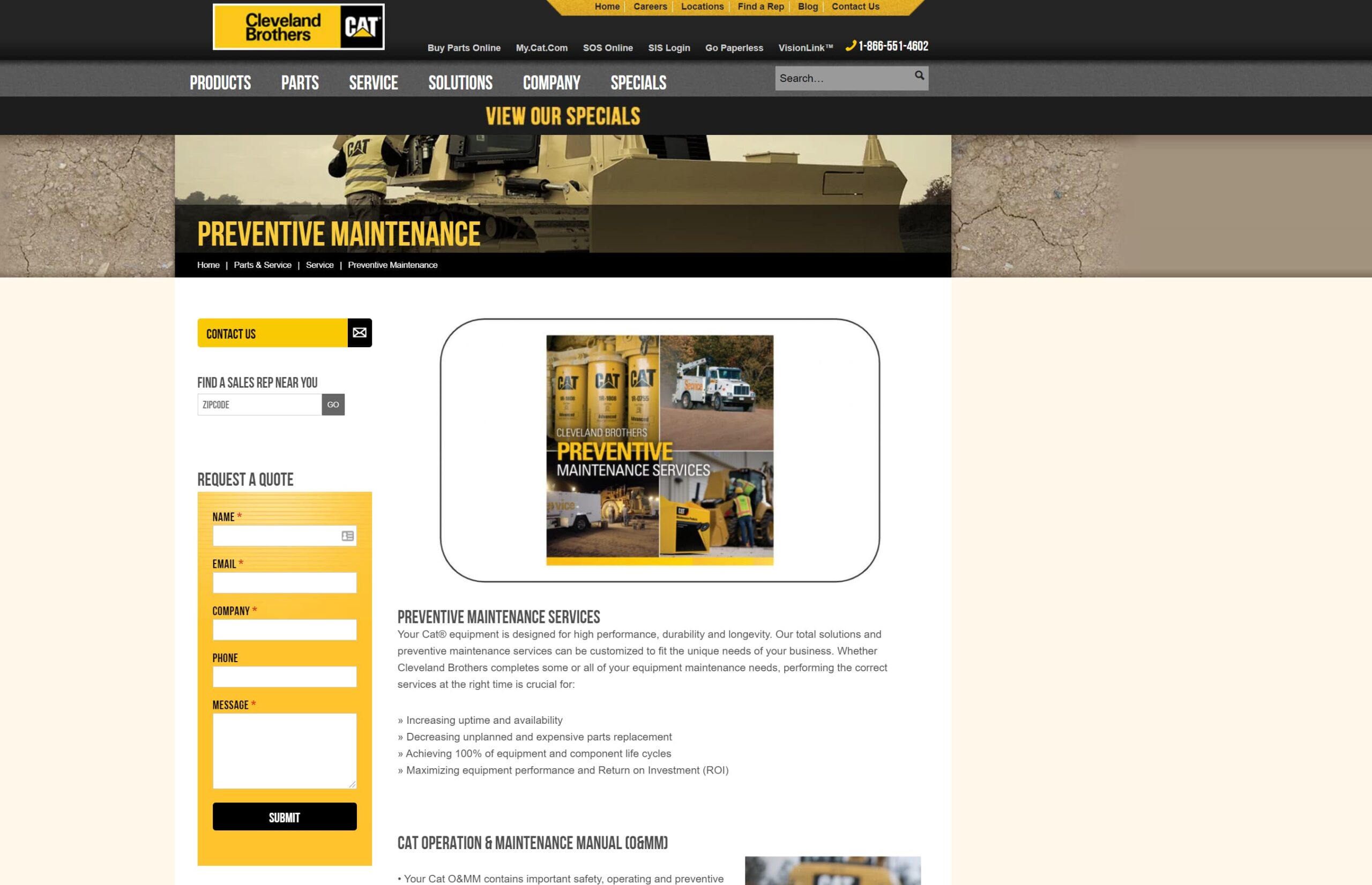 Screenshot of Cleveland Brothers' Preventive Maintenance webpage with a contact form on the left and a description of maintenance services on the right, including an image of workers next to a CAT service truck.