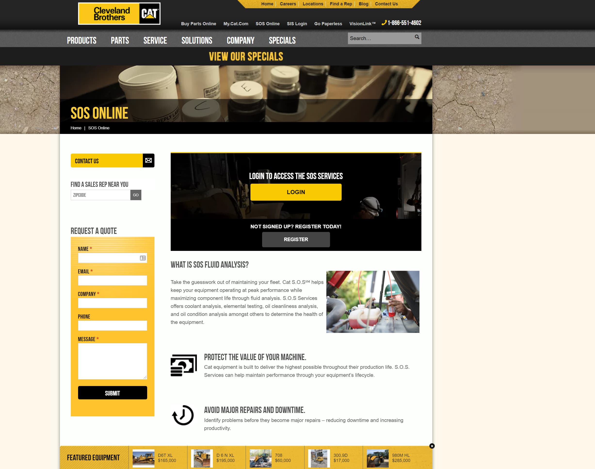 Screenshot of Cleveland Brothers SOS Online webpage with navigation bar, quote request form, and informational sections about SOS fluid analysis and equipment maintenance.