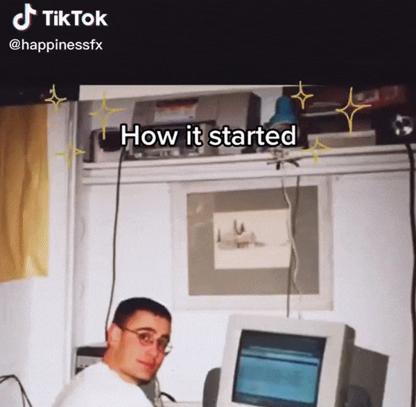 A young man with glasses sitting in front of a CRT monitor in a home office setup with the caption 'How it started' and sparkling star emojis, including a TikTok watermark and the username '@happinessfx'.