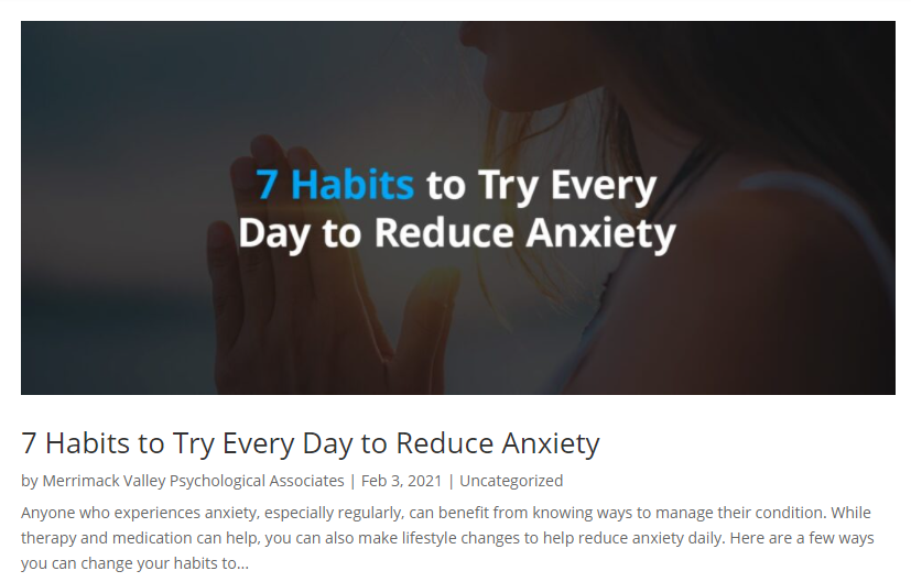 A hand holding a transparent sheet with the text '7 Habits to Try Every Day to Reduce Anxiety' over a blurred image of a woman in a serene pose.