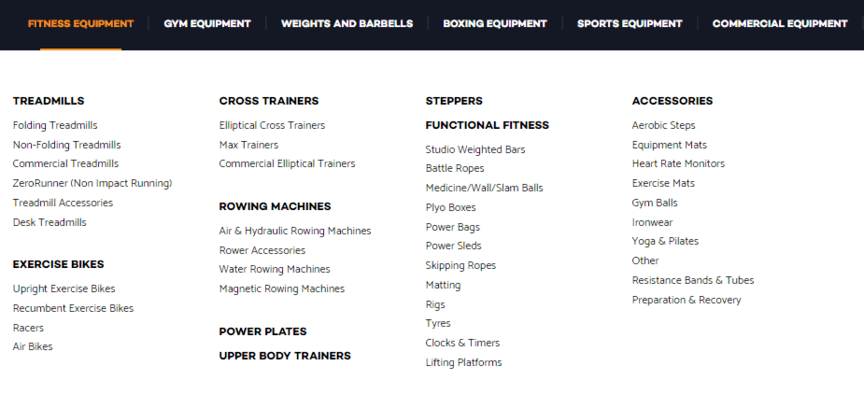 navigation web design for exercise equipment companies