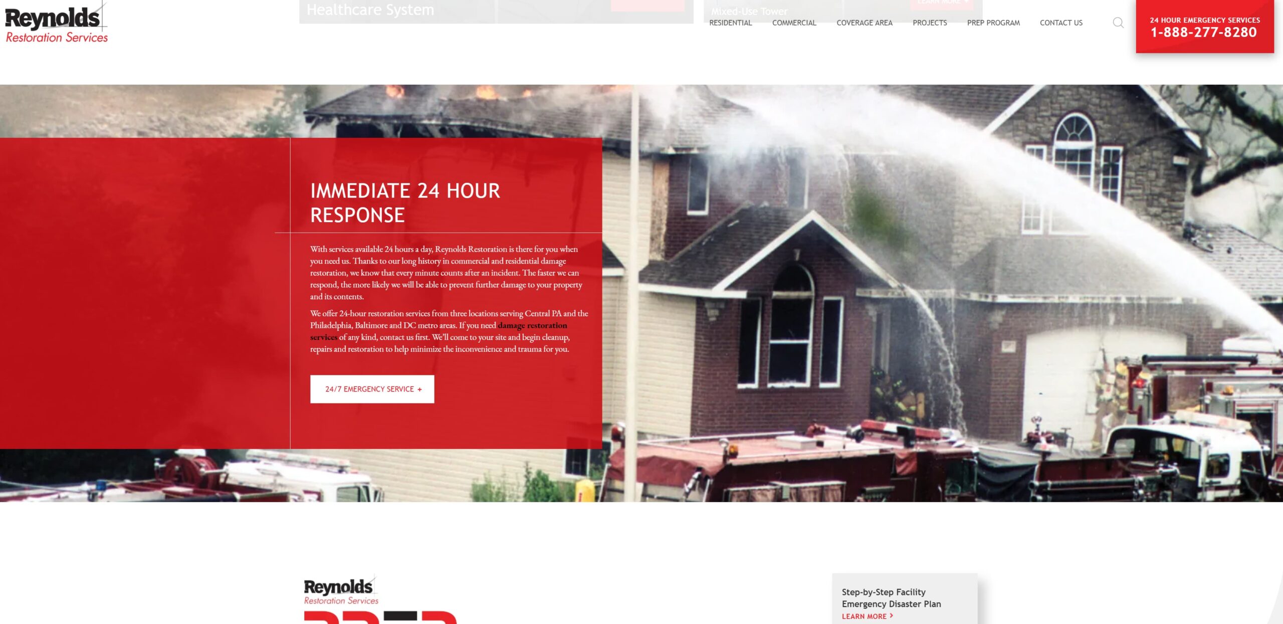 Firefighters using hoses to extinguish a fire in a residential house, featured on Reynolds Restoration Services website promoting their 24-hour emergency response.