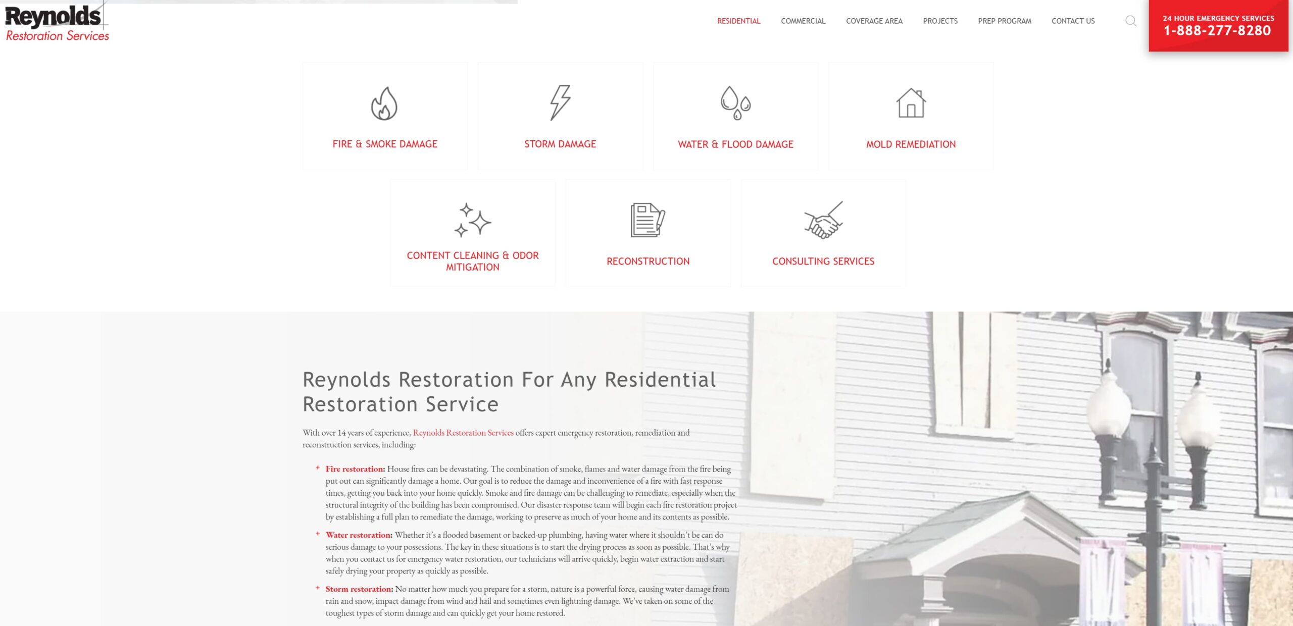 Screenshot of Reynolds Restoration Services webpage with service icons and a summary of their fire, water, and storm restoration expertise.