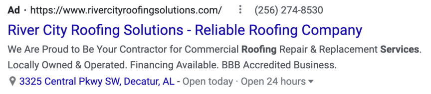 river city roofing solutions ppc ad