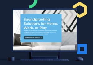 A computer monitor on a desk displaying a webpage about soundproofing solutions for different environments, with a keyboard and mouse in front, and a stylish room visible in the background.
