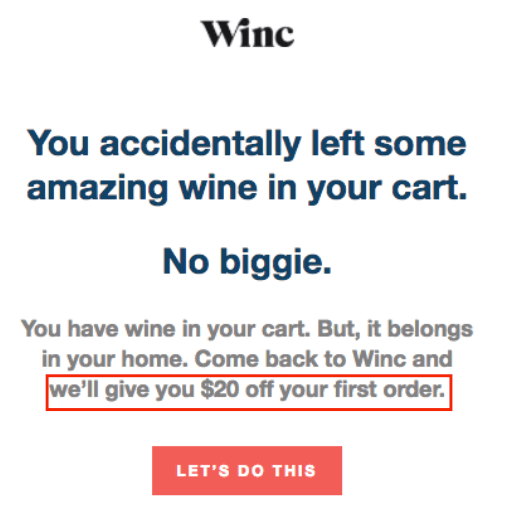 Winc email inviting shoppers to come back and complete their purchase with a discount