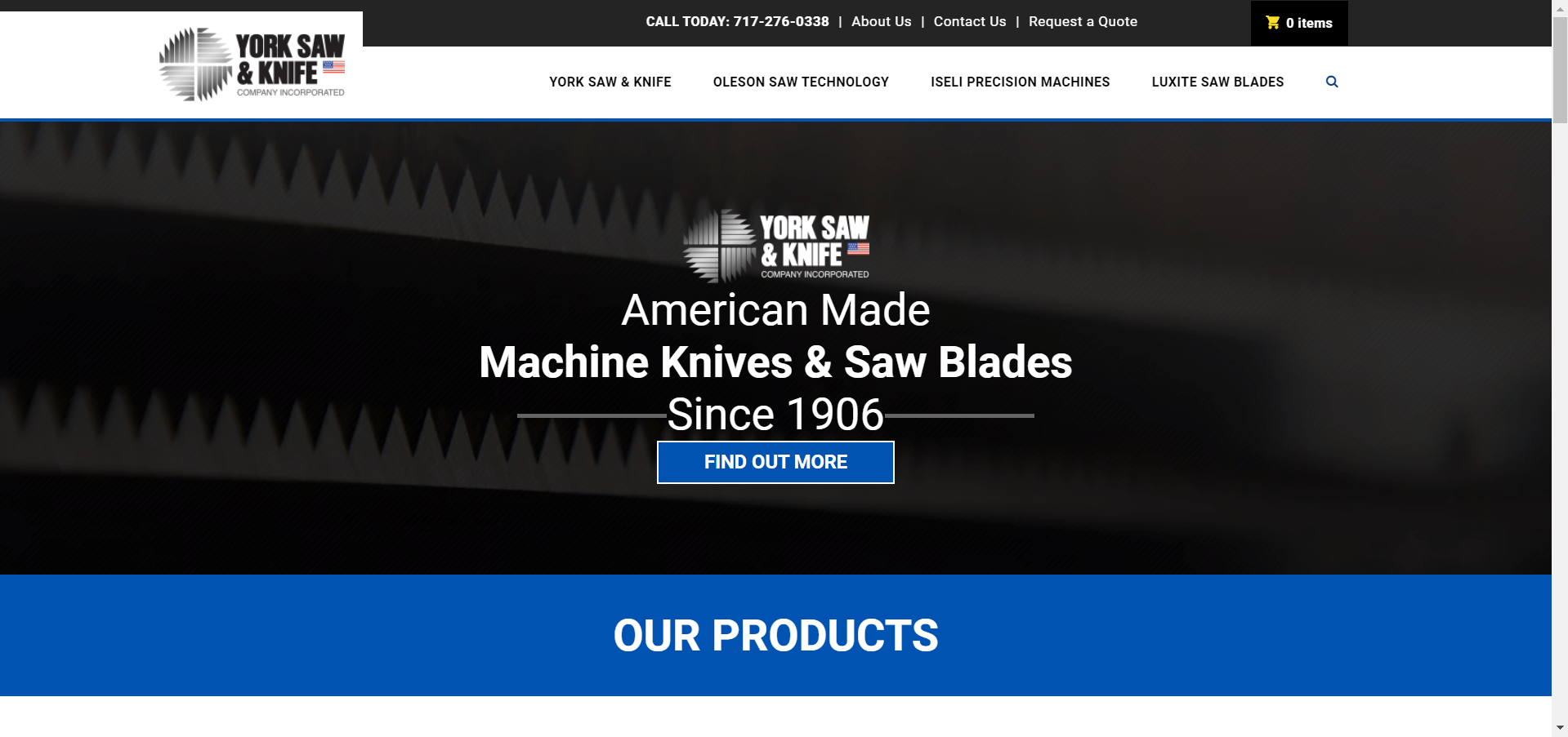 Website banner for York Saw & Knife Co., Inc. featuring a serrated blade edge with text 'American Made Machine Knives & Saw Blades Since 1906' and a 'FIND OUT MORE' button.