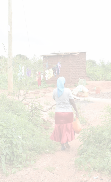 An overexposed image of a person walking away from the camera down a dirt path, carrying a bag, with a thatched-roof house and laundry hanging in the background.