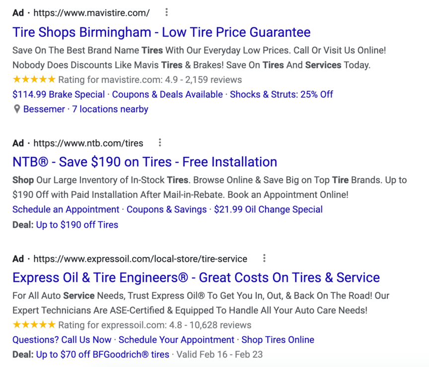 birmingham tire services ppc ads