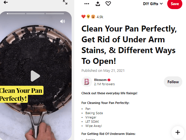 A Pin from Blossom where they highlight life hacks, like cleaning dirty pans.