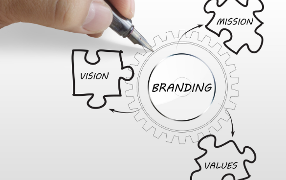 Hand drawing a conceptual diagram with a central gear labeled 'BRANDING' interconnected with puzzle pieces labeled 'VISION,' 'MISSION,' and 'VALUES.'