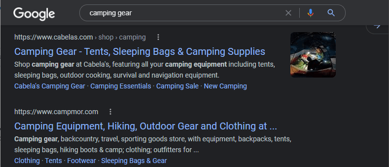 Google search for camping gear