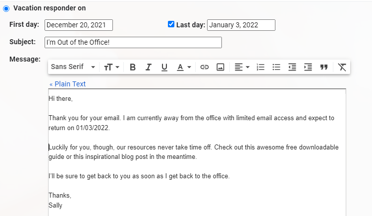 content promotion example out of office messages