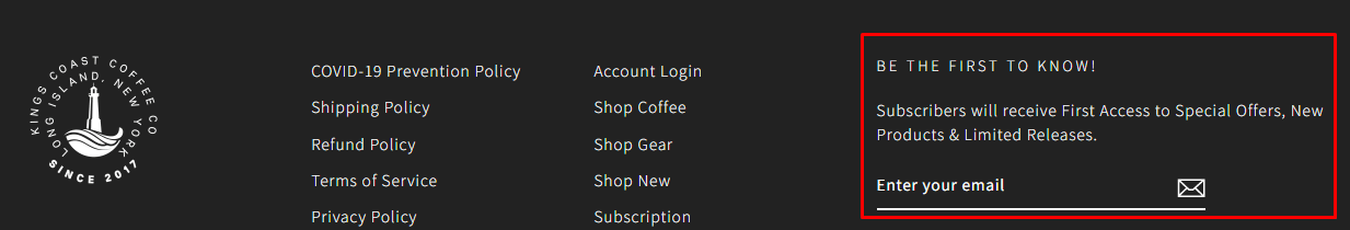 Email sign-up bar on Kings Coast Coffee's website