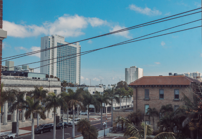 Urban landscape with a mix of low-rise brick buildings and high-rise towers, palm trees lining the streets, parked cars, power lines overhead, and a partly cloudy sky.