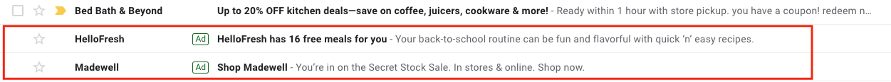 Gmail ads for Hello Fresh and Madewell