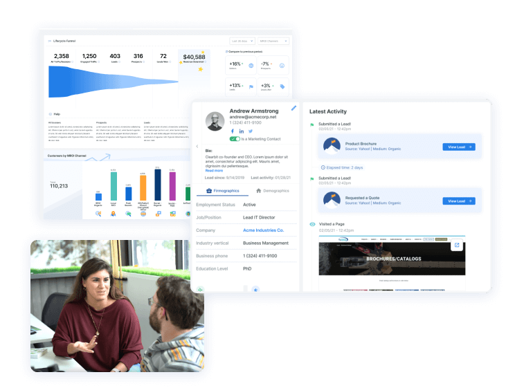 A software application interface with analytics dashboard, customer profile with recent activities, and two people engaged in a conversation.