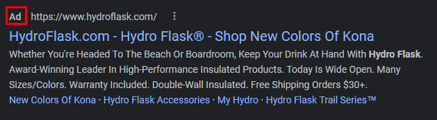 PPC ad for Hydro Flask on Google