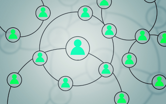 A graphical representation of a social or professional network with green person icons connected by grey lines on a light blue background with a subtle circular pattern. The central icon is larger, indicating a primary node in the network.