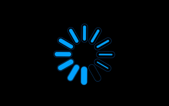 A circular loading icon with neon blue bars arranged in a dynamic, spinning pattern.