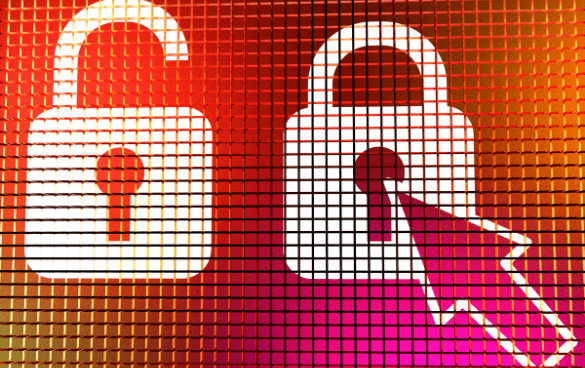 Digital illustration of two padlock icons on a pixelated background, with an unlocked orange padlock on the left and a locked pink and purple padlock on the right, targeted by a stylized cursor arrow.