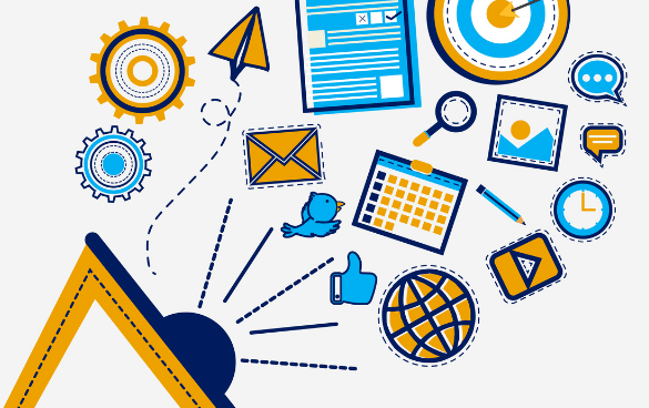 Stylized graphic of a desk lamp illuminating various productivity and digital work icons such as gears, a paper airplane, browser window, target, calendar, clock, speech bubble, thumbs-up, magnifying glass, photo, email, and a Twitter bird, in a blue and yellow color scheme.