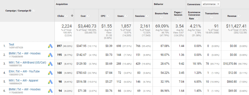 sample Google Ads campaign data showing PPC report metrics