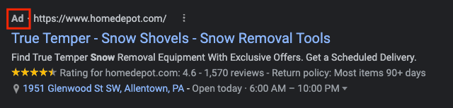 PPC ad for snow shovels