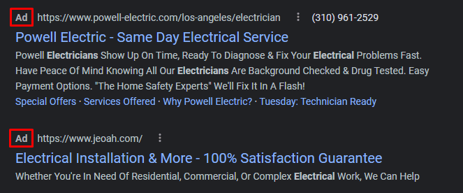 PPC ads for an electrician