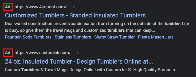 PPC ads for tumbler cups on Google