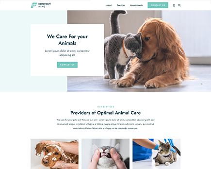 Screenshot of a veterinary clinic website with a banner showing a cat and dog together, and smaller images of pet care services below.