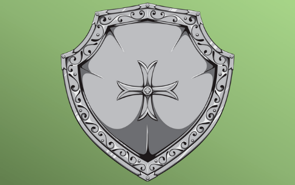 Illustration of a metallic heater shield with an ornamental border and a cross pattee in the center, set against a green background.