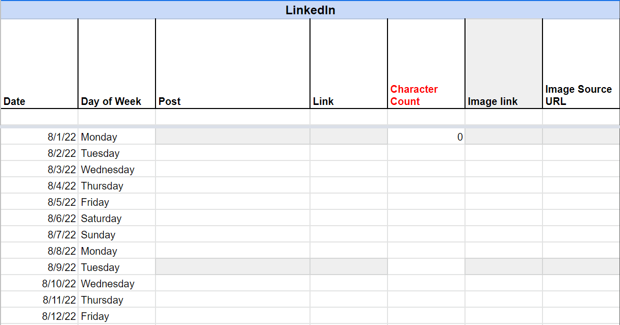 Google Sheets set up to be a social media calendar