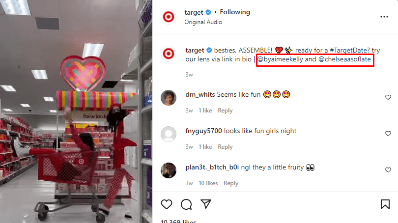 A re-shared post on Target's Instagram that highlights them tagging and giving credit to the original creator for the content