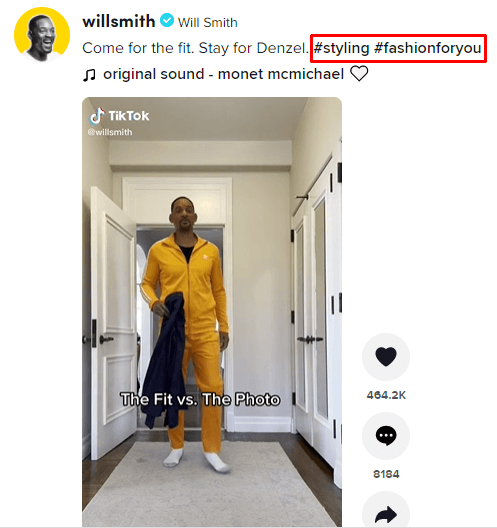 Hashtags used on a TikTok from Will Smith