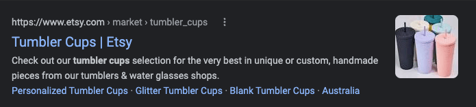 SEO listing for tumbler cups on Etsy