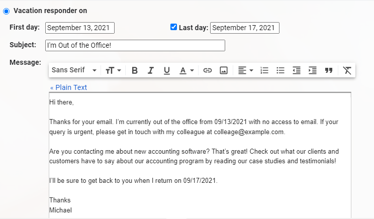 web traffic example out of office messages