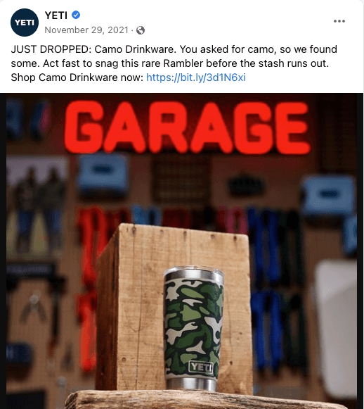 Yeti camo mug ad on Facebook