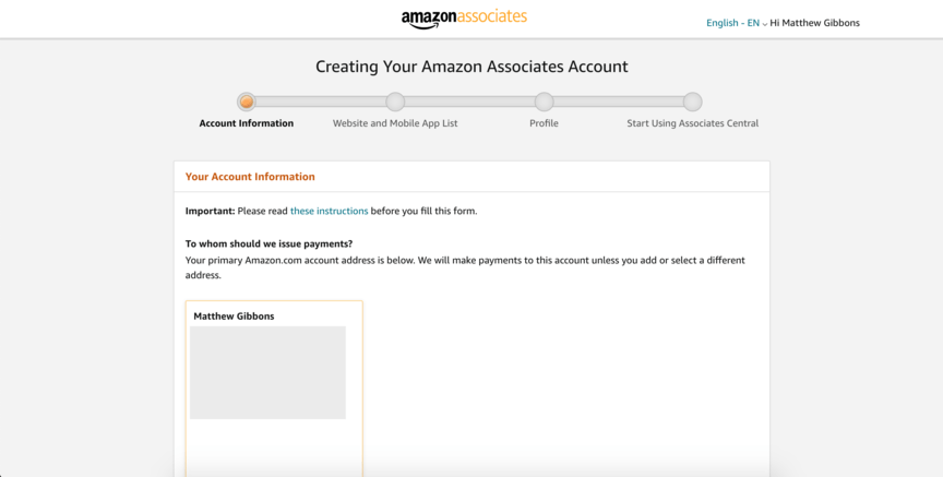 amazon associates signup page