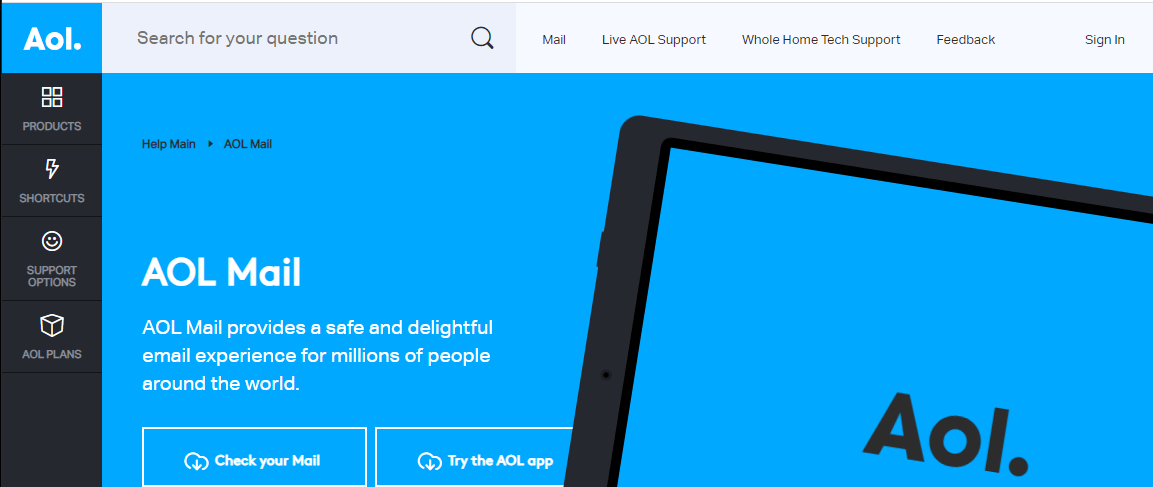 AOL homepage for their email service